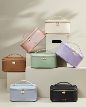 Prite Makeup Bag in travel setting with accessories