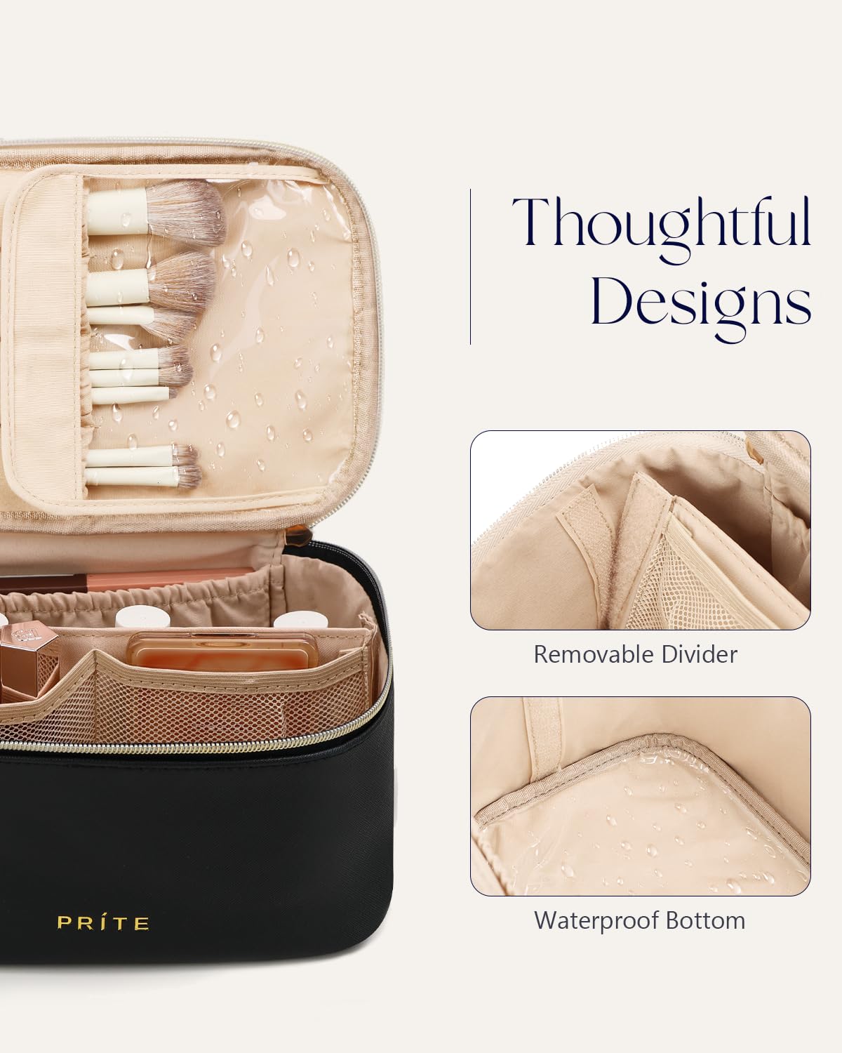 Prite Makeup Bag on a vanity with beauty products