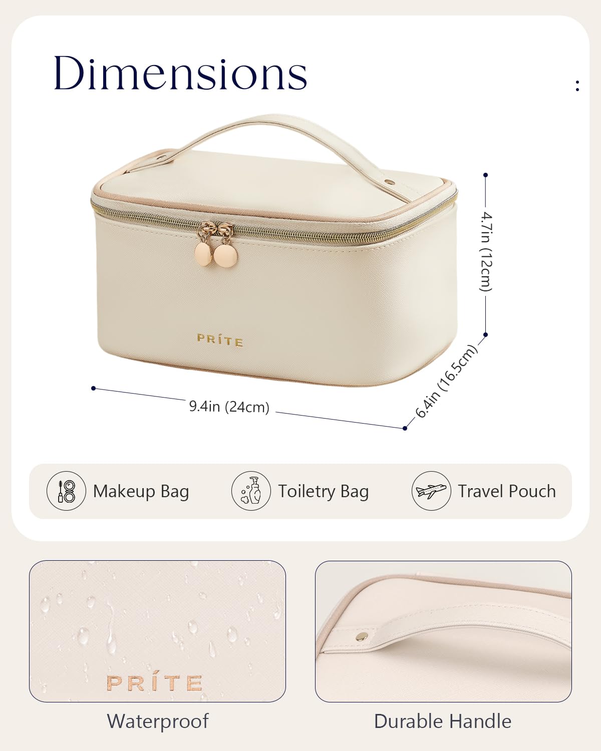Prite Makeup Bag on vanity countertop with makeup tools