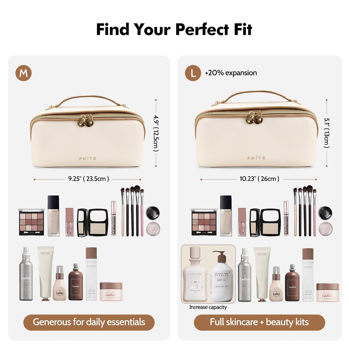 Prite Makeup Bag showing three separate pockets