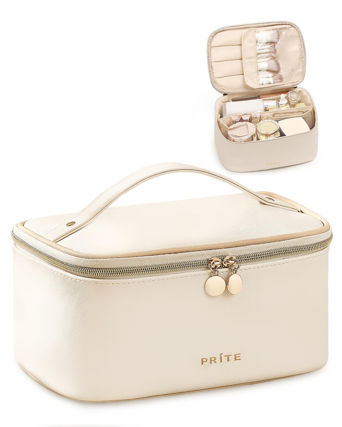 Prite Makeup Bag Travel Cosmetic Case in beige, front view