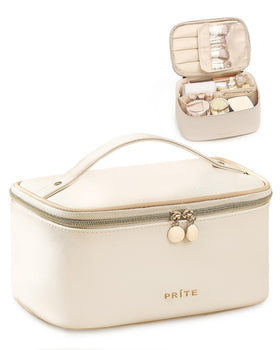 Prite Makeup Bag Travel Cosmetic Case in beige, front view