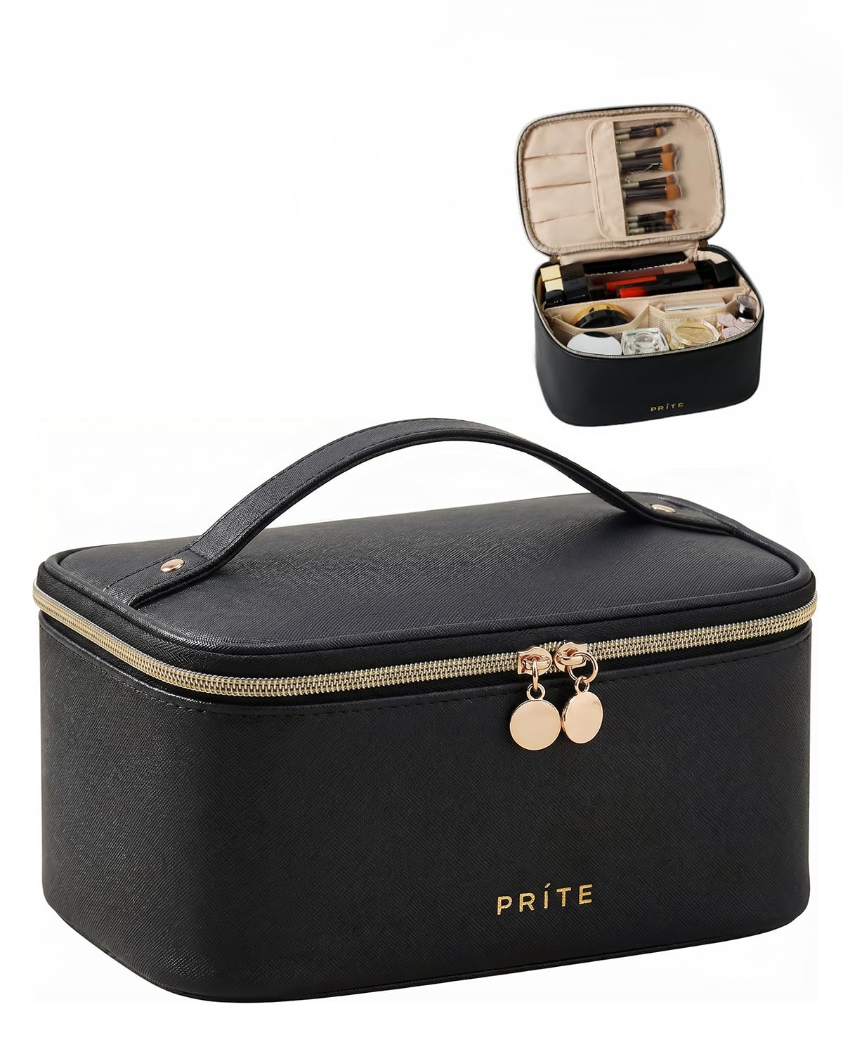 Prite Makeup Bag Travel Cosmetic Case in black, front view