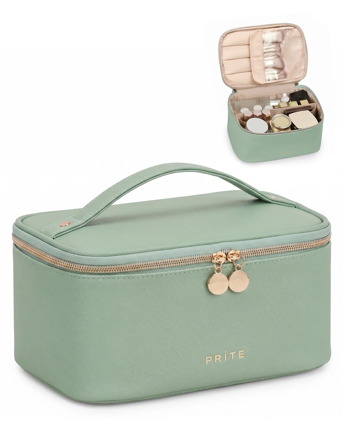 Prite Makeup Bag Travel Cosmetic Case in Green, front view