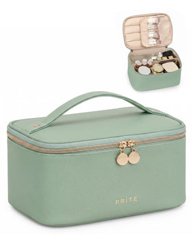 Prite Makeup Bag Travel Cosmetic Case in Green, front view