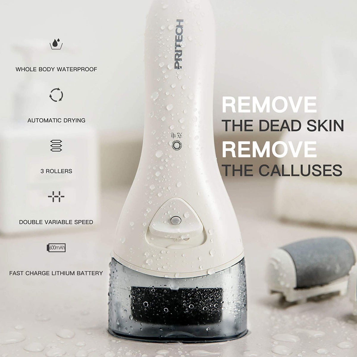 PRITECH Electric Foot Callus Remover in a lifestyle setting on a bathroom counter