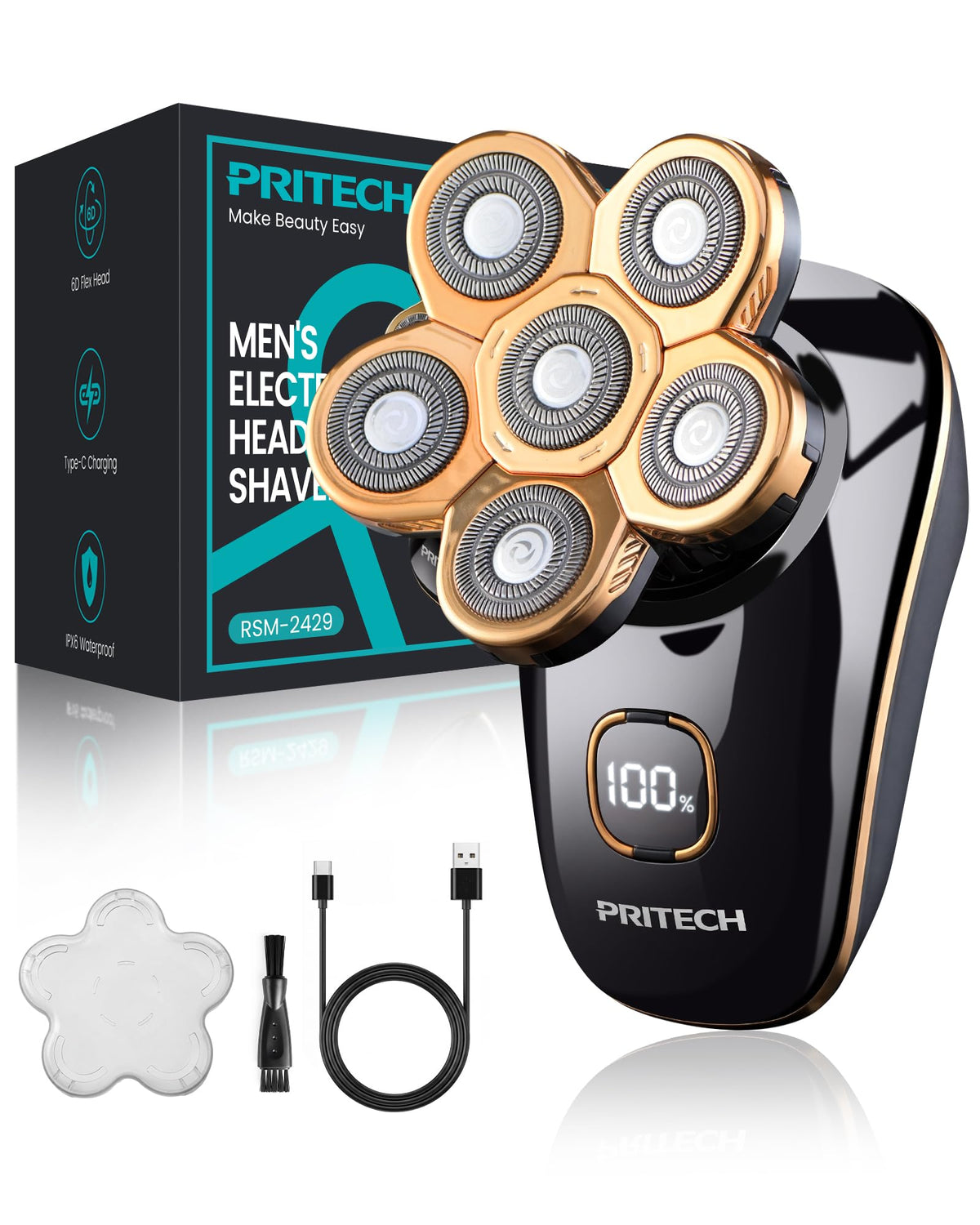 PRITECH head shaver front view with 6 rotary blades