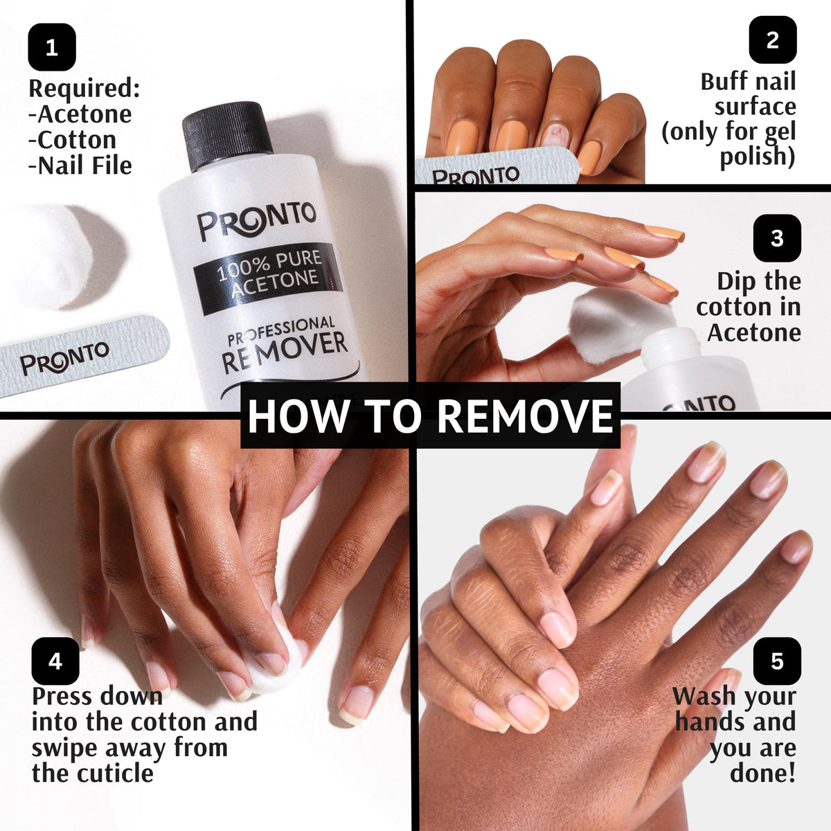 Pronto Acetone Gel Nail Polish Remover with nail tools