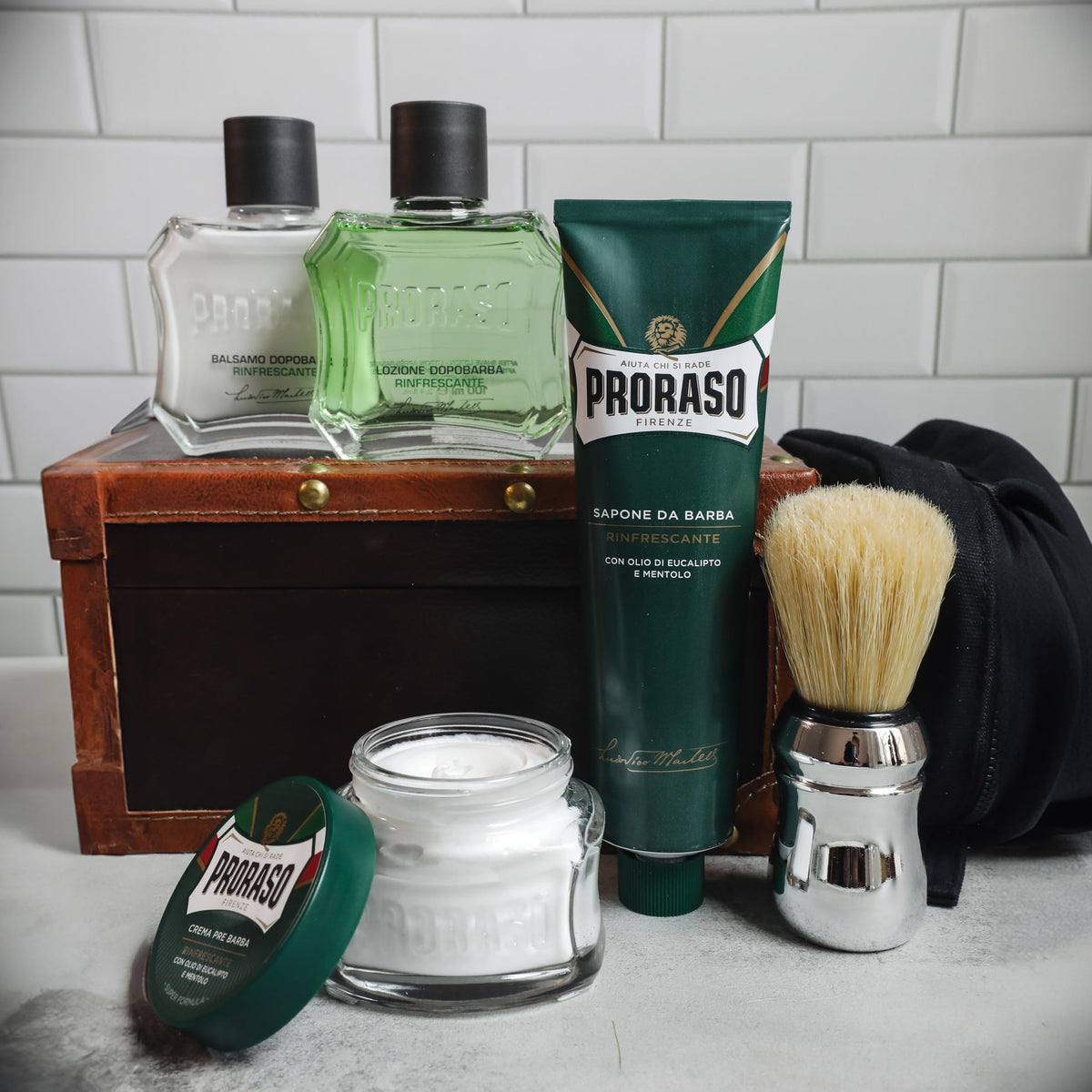 Proraso Shaving Cream Eucalyptus & Menthol tube in bathroom setting