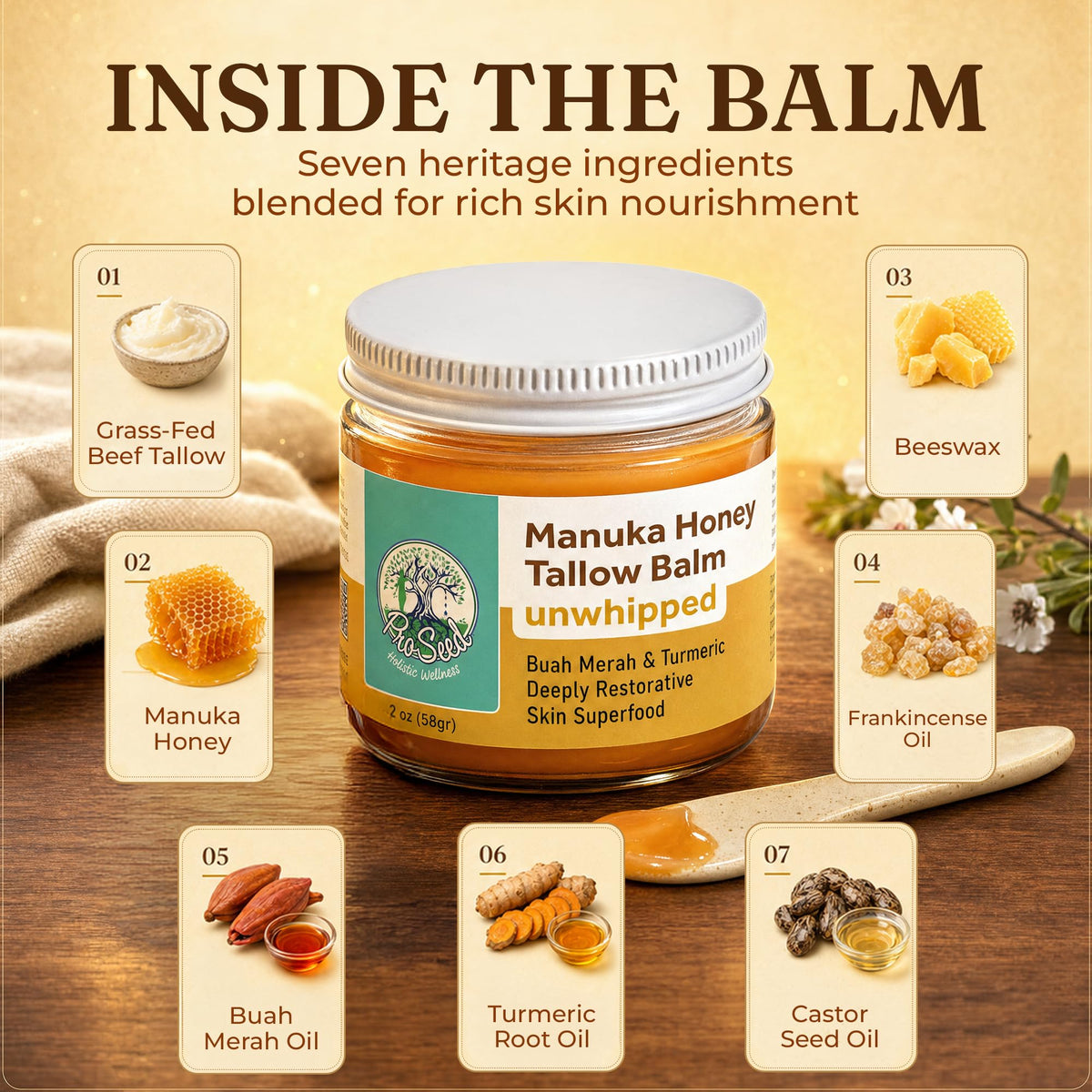 ProSeed Manuka Honey Tallow Balm 2 oz with ingredients
