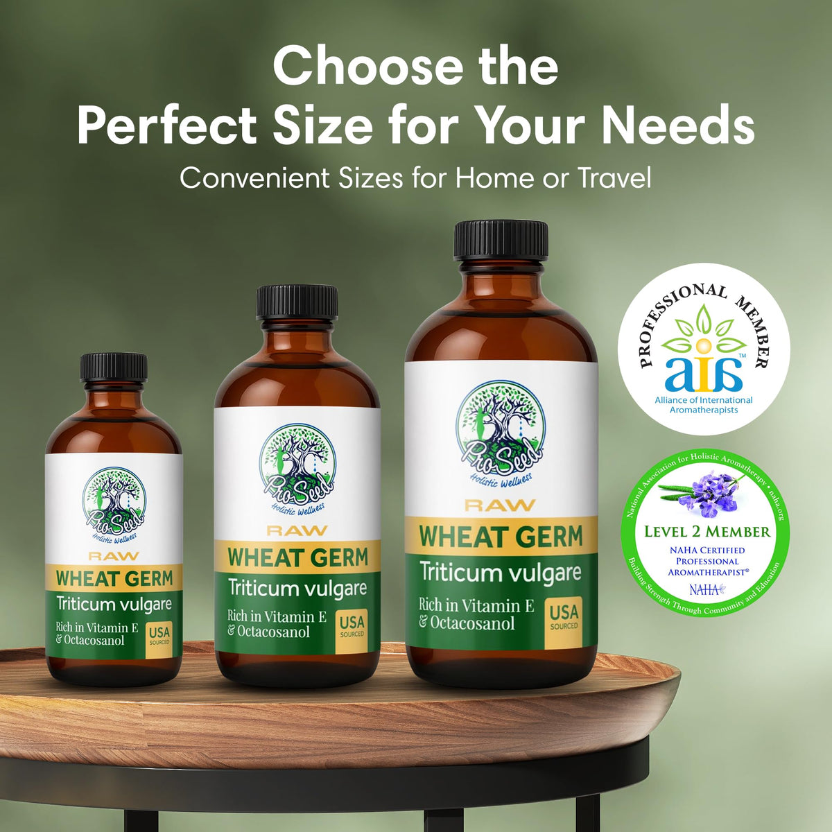 ProSeed Wheat Germ Oil 240ml on a wooden surface with plants