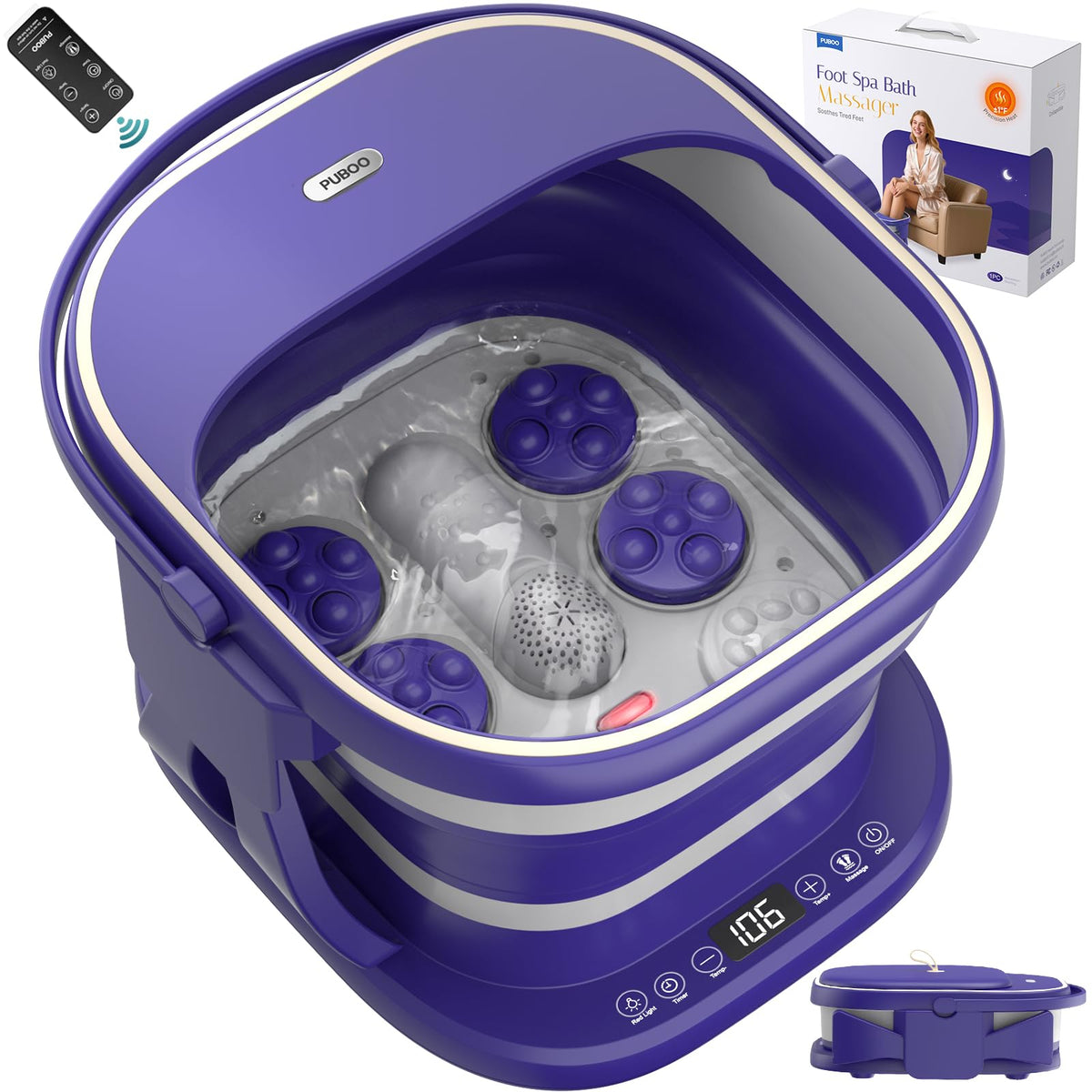 Puboo Collapsible Foot Spa front view with temperature controls