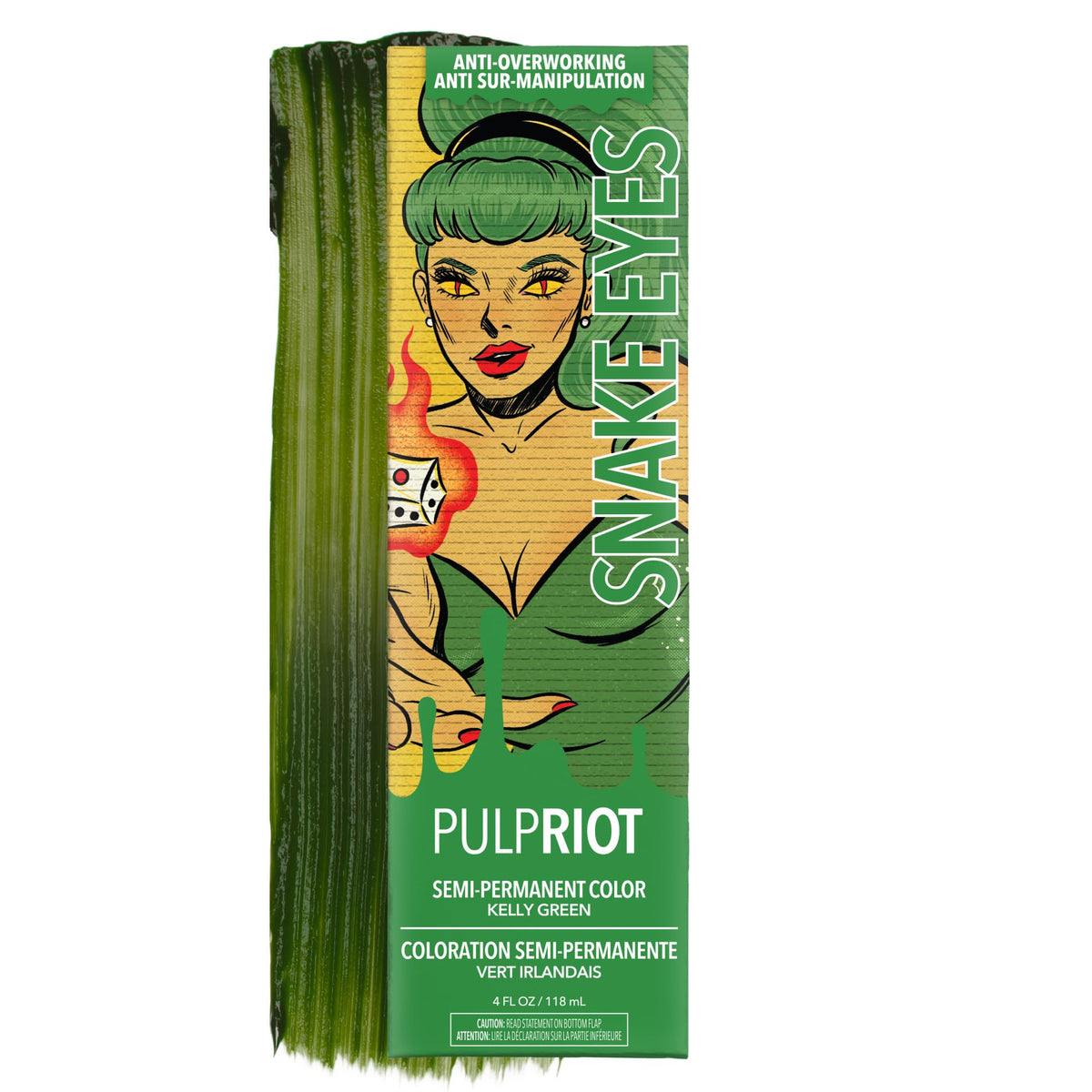 Pulp Riot Snake Eyes Semi Permanent Hair Color tube front view in Kelly Green