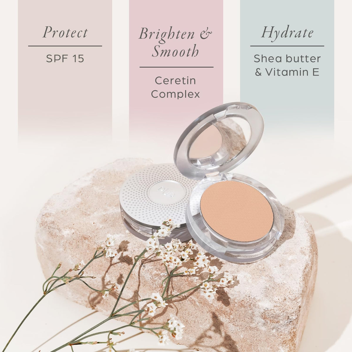 PÜR MINERALS 4-in-1 Pressed Mineral Powder Foundation packaging with ingredients list