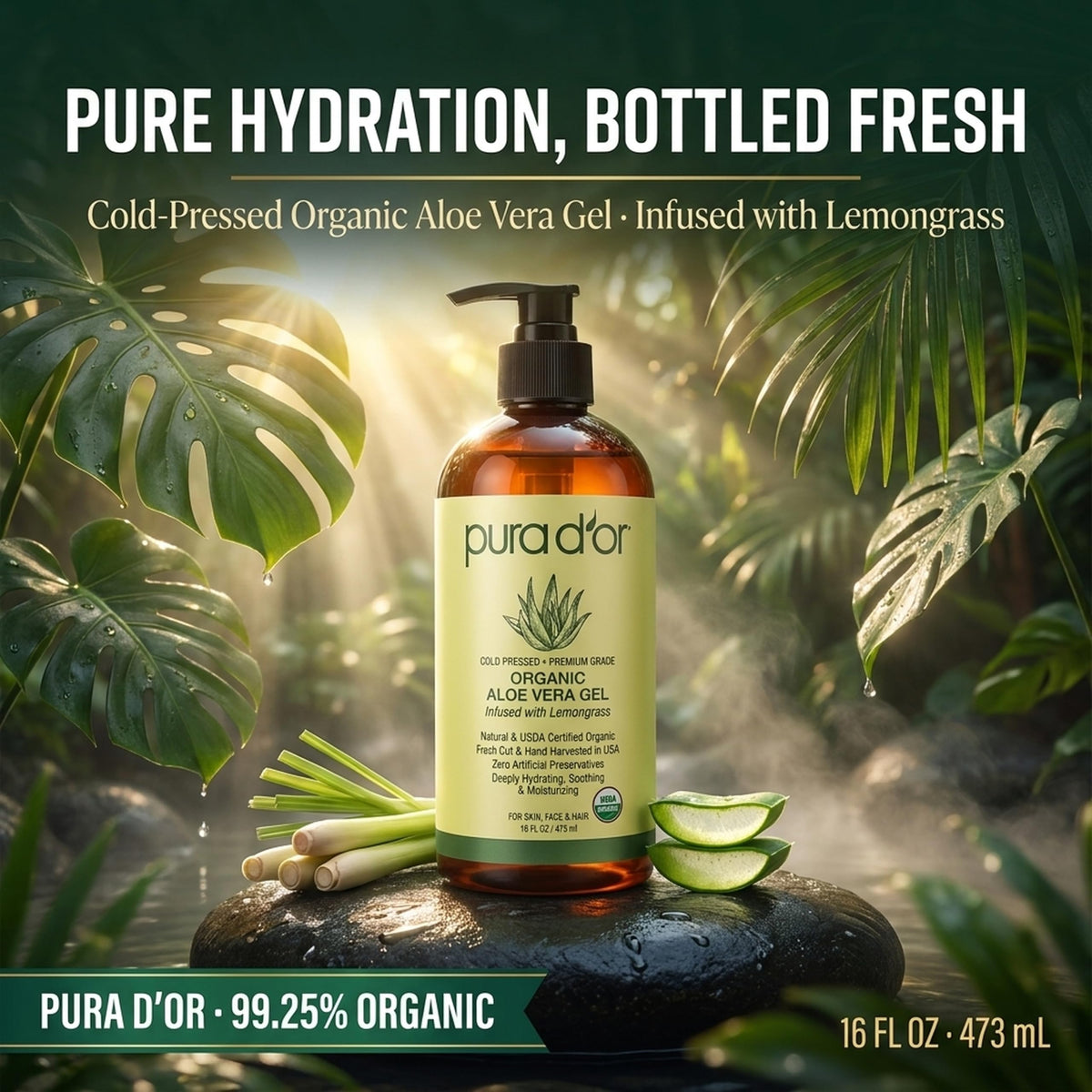 PURA D'OR Aloe Vera Gel 16oz back view showing ingredients list