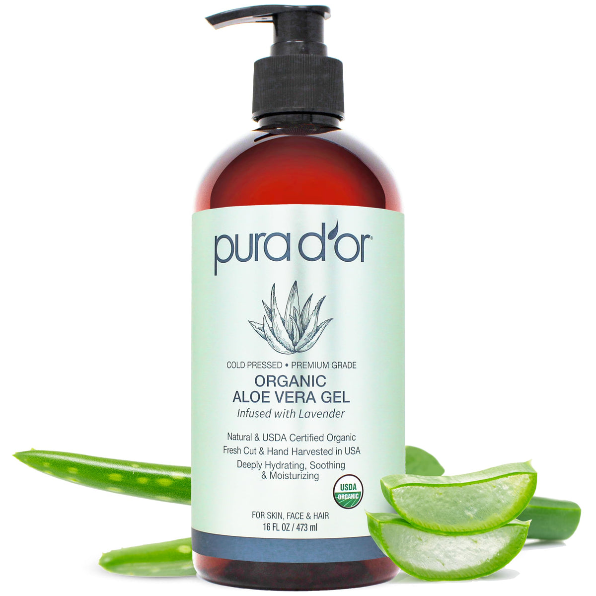 PURA D'OR Aloe Vera Gel 16oz front view with lavender scent