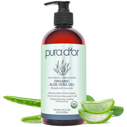 PURA D'OR Aloe Vera Gel 16oz front view with lavender scent