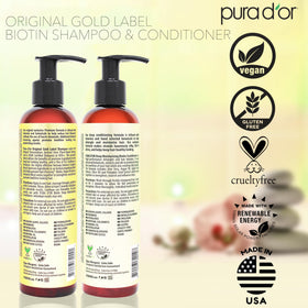 PURA D'OR Anti-Thinning Shampoo and Conditioner bottles side view