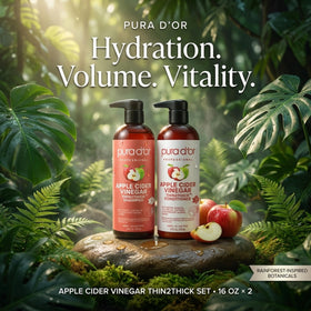 PURA D'OR Apple Cider Vinegar Shampoo and Conditioner set on a bathroom shelf