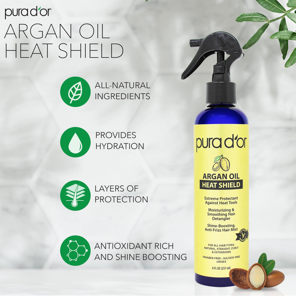 PURA D'OR Argan Oil Heat Shield Protectant Spray 8 Oz back view