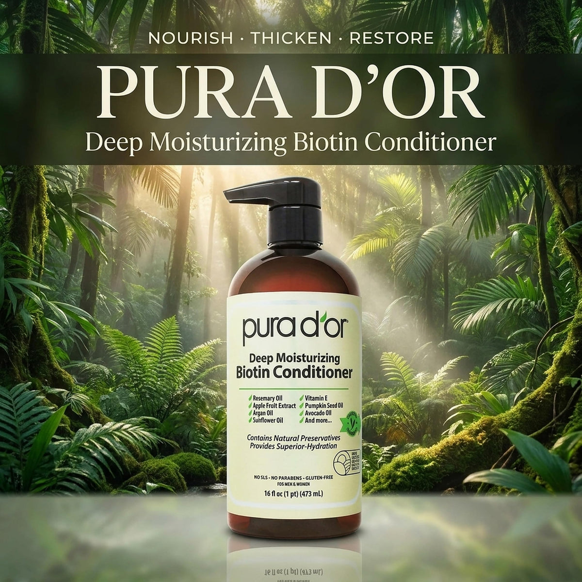 PURA D'OR conditioner bottle with ingredients list on the side