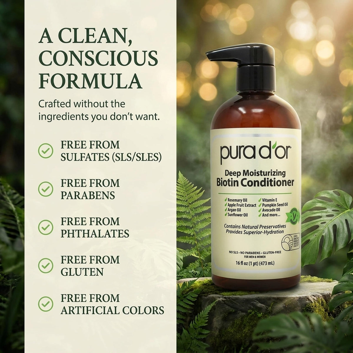 PURA D'OR conditioner in a bathroom setting with plants