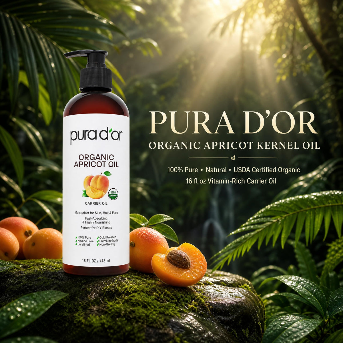 PURA D'OR Organic Apricot Kernel Oil 16 Oz side view