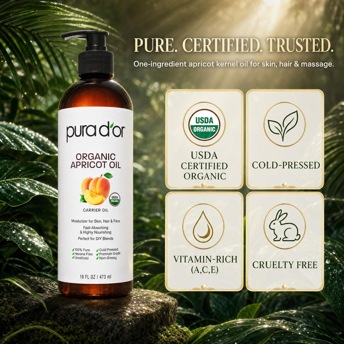 PURA D'OR Organic Apricot Kernel Oil 16 Oz with essential oils