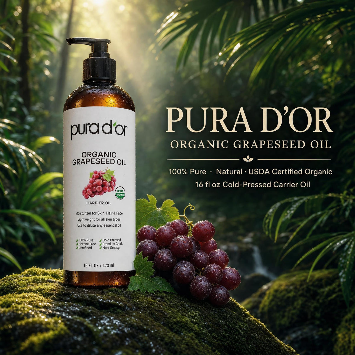 PURA D'OR Organic Grapeseed Oil 16oz back view