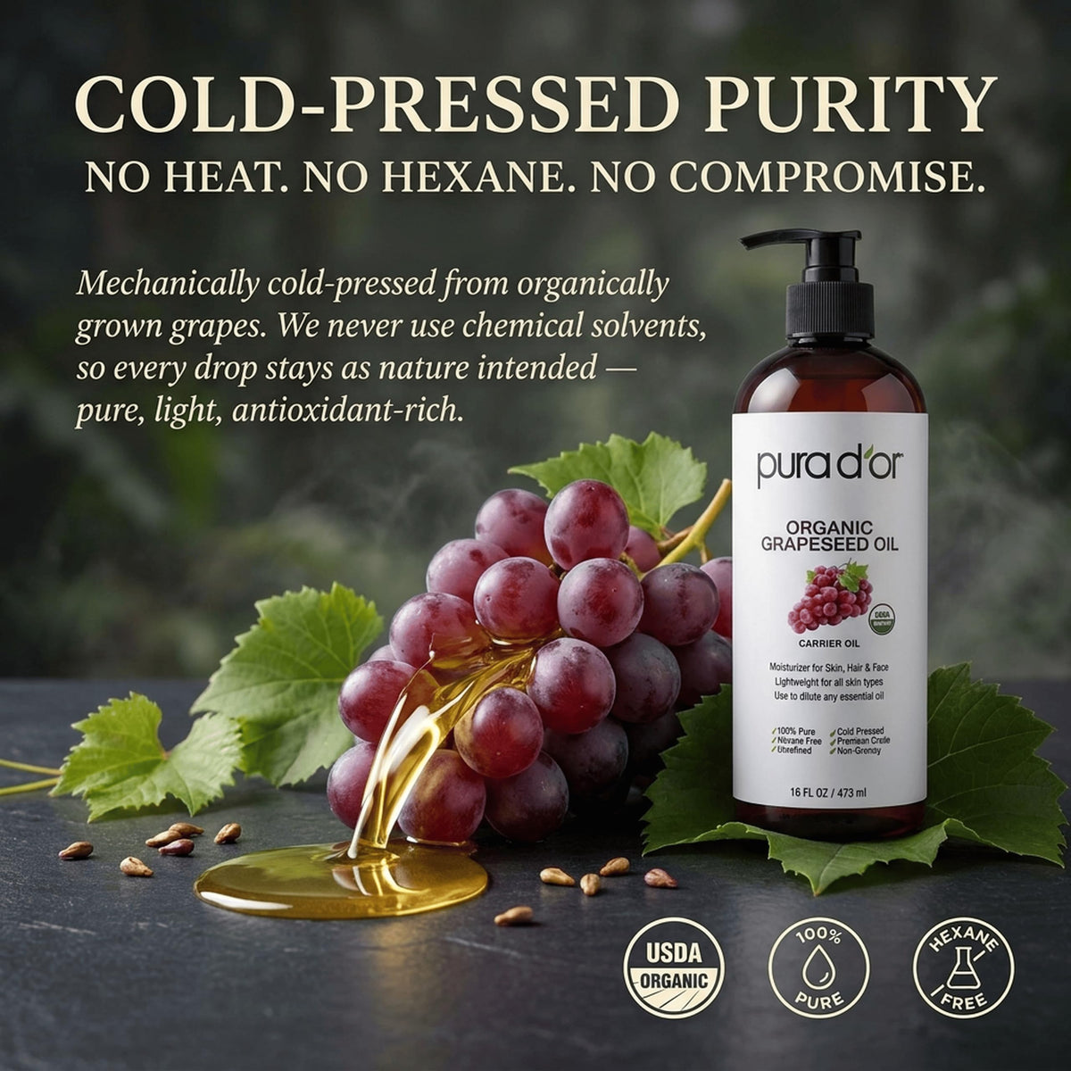 PURA D'OR Organic Grapeseed Oil 16oz side view