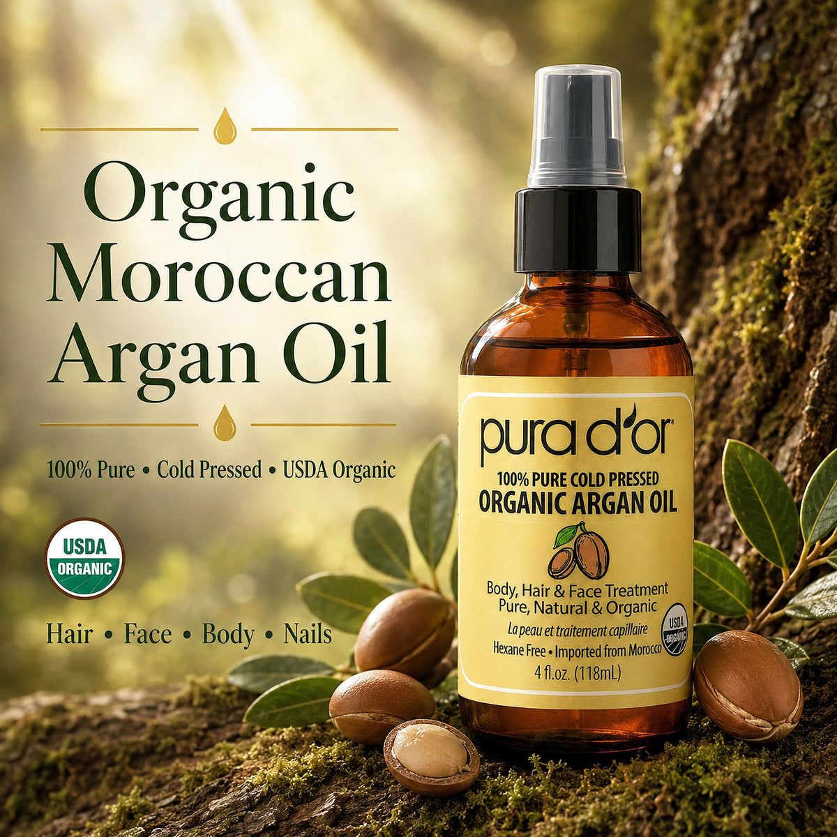 PURA D'OR Organic Moroccan Argan Oil 4oz back view