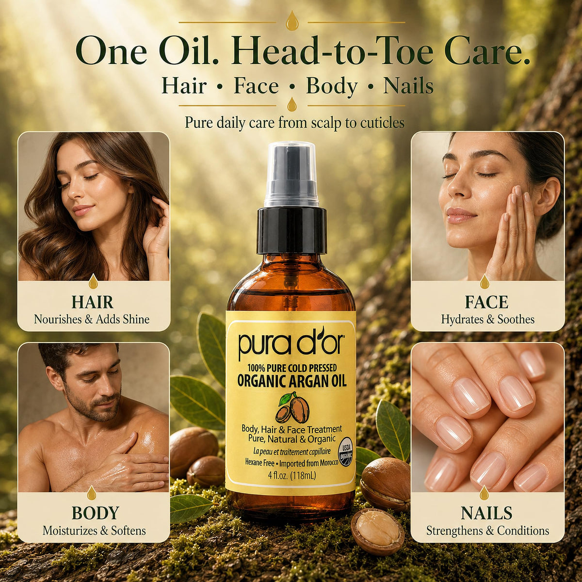 PURA D'OR Organic Moroccan Argan Oil 4oz on wooden surface
