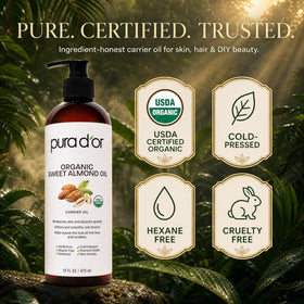 PURA D'OR Organic Sweet Almond Oil in a bathroom setting
