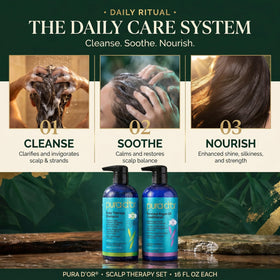 PURA D'OR Scalp Therapy Shampoo and Conditioner in a bathroom setting