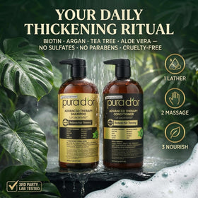 PURA D'OR shampoo and conditioner set on a bathroom shelf