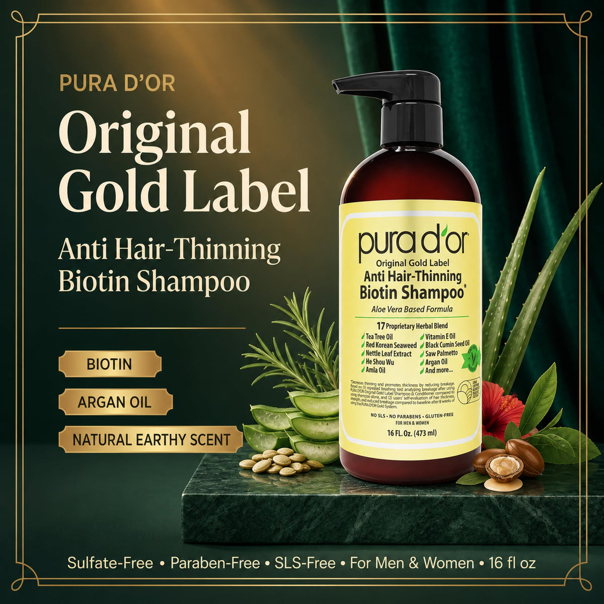 PURA D'OR shampoo bottle with pump top