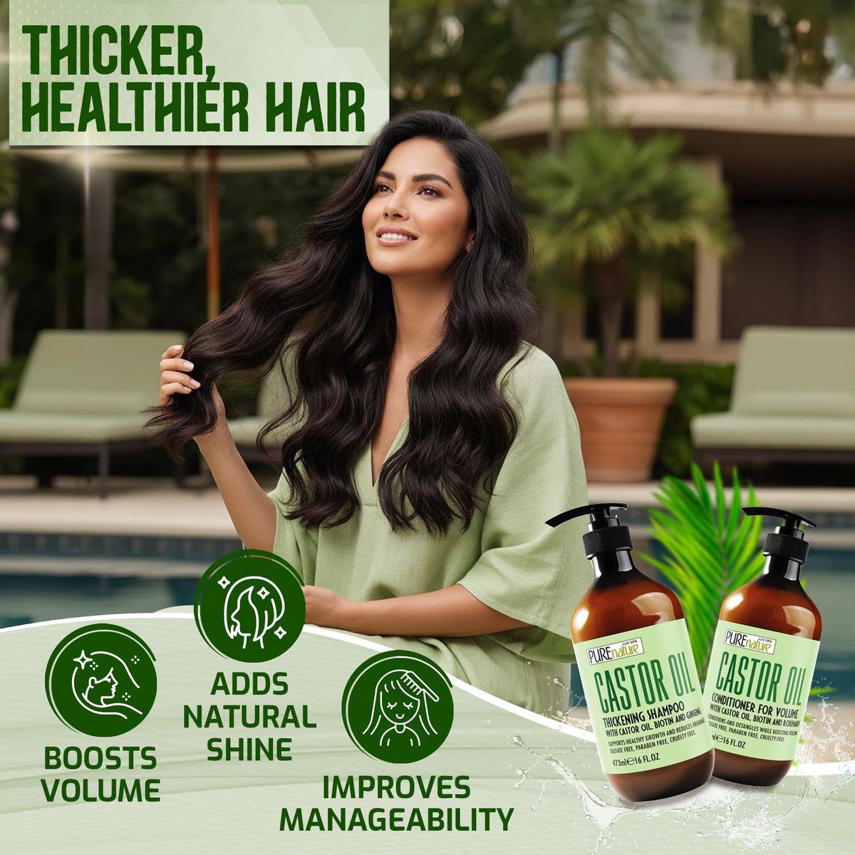 PURE NATURE LUX SPA Castor Oil Shampoo and Conditioner in a bathroom setting