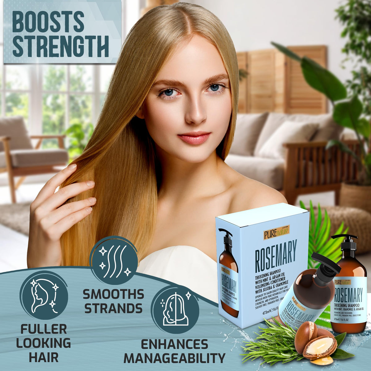 PURE NATURE LUX SPA Rosemary Shampoo and Conditioner Set with mint leaves