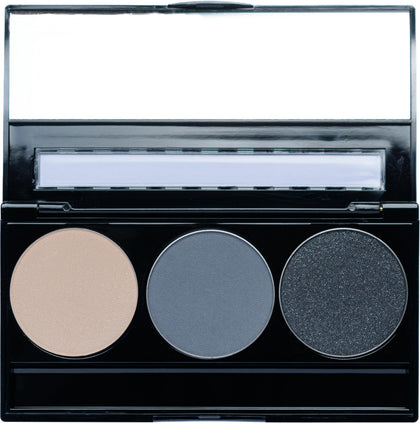 Pure Ziva Vegan Eyeshadow Trio Palette front view with off white, grey blue, and black shades