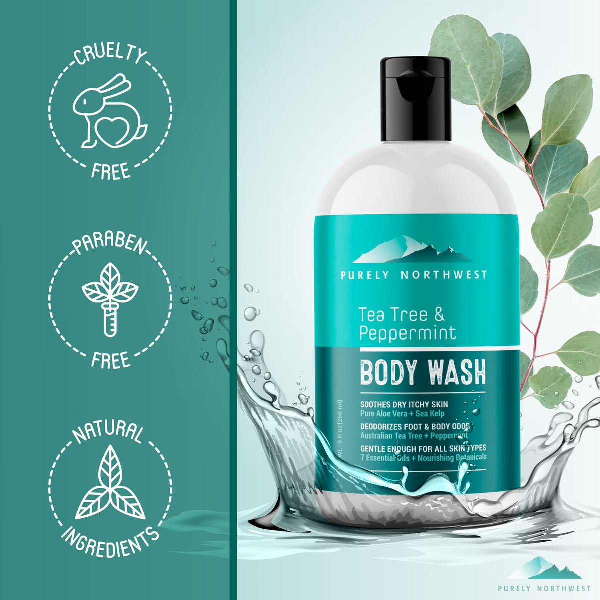 Purely Northwest Tea Tree Body Wash 290g packaging details
