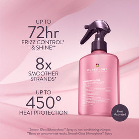Pureology Smooth Gloss Silkmorphose Spray on a vanity with hair tools