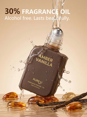 PUREU Amber Vanilla fragrance bottle on a table