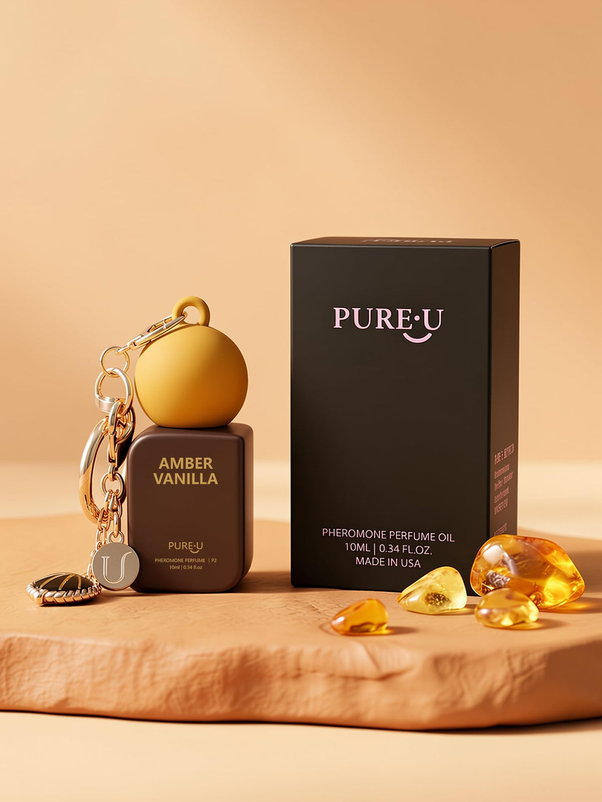 PUREU Amber Vanilla Pheromone Perfume Oil next to travel essentials