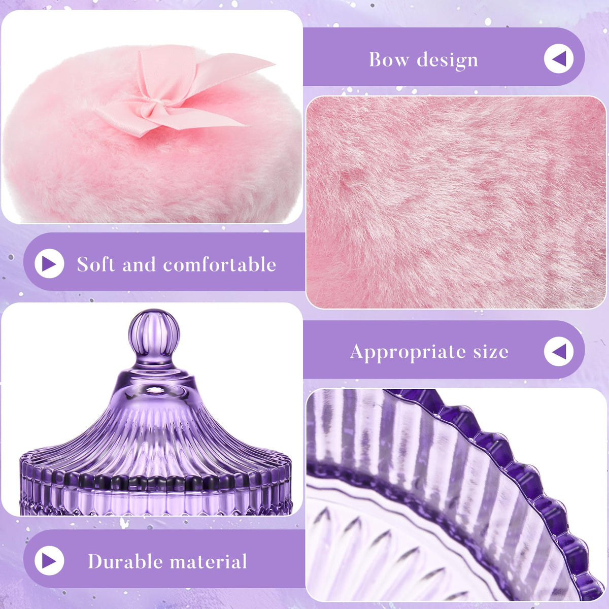 Purple glass container for powder puffs