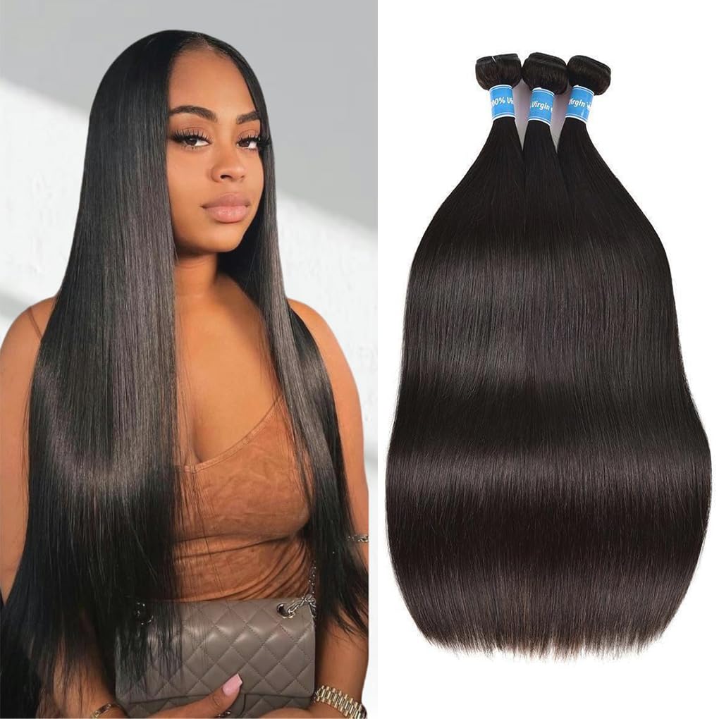 Qanlynny Brazilian Virgin Straight Hair Bundles 24 Inch front view
