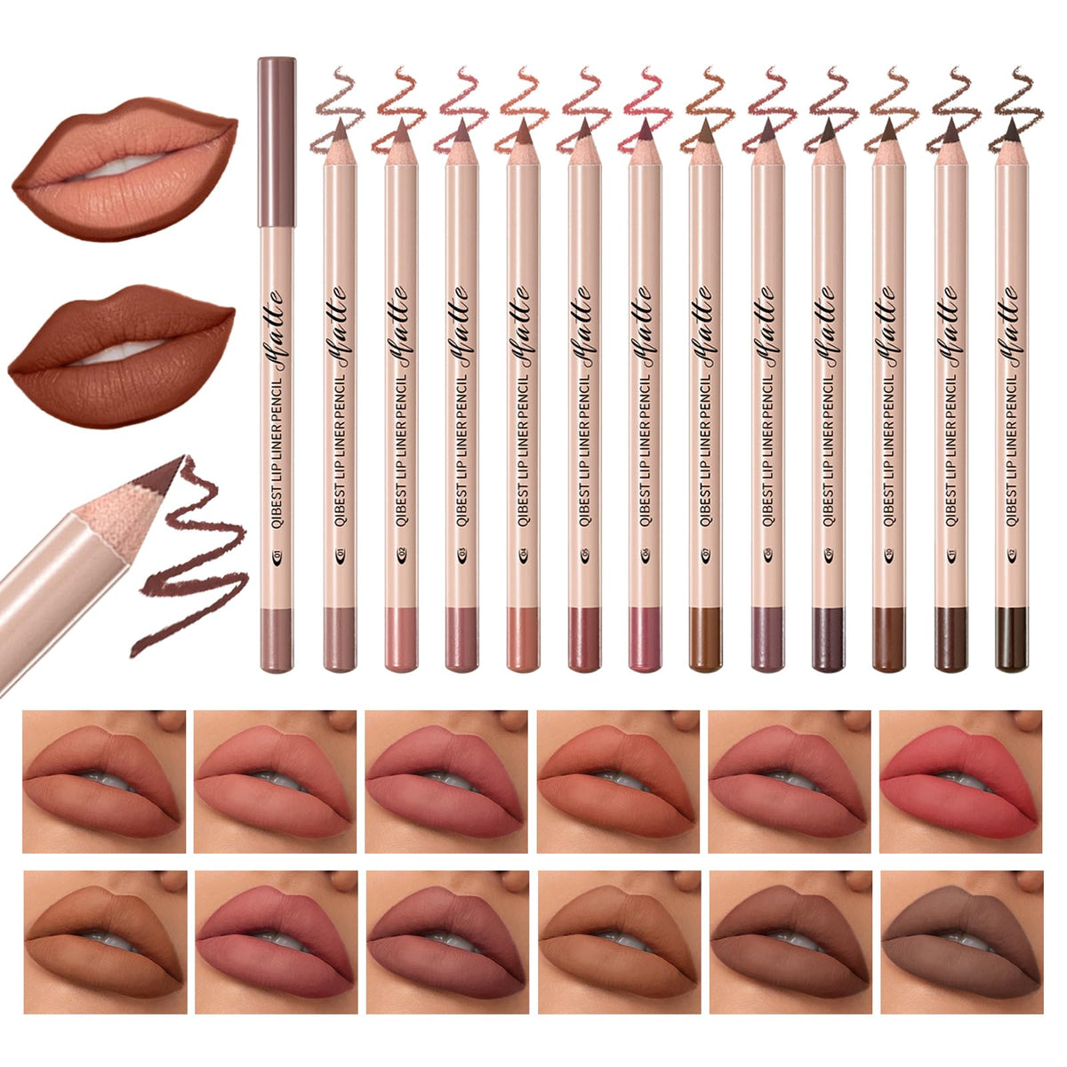 QiBest 12Pcs Creamy Lip Liner Set front view with vibrant shades