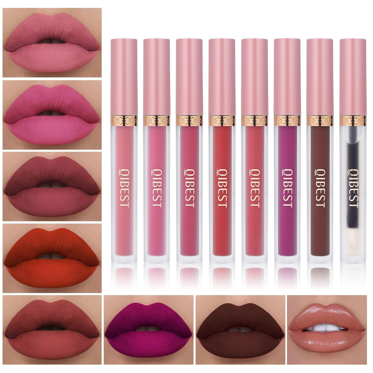 QiBest 8-piece matte liquid lipstick set front view with vibrant colours