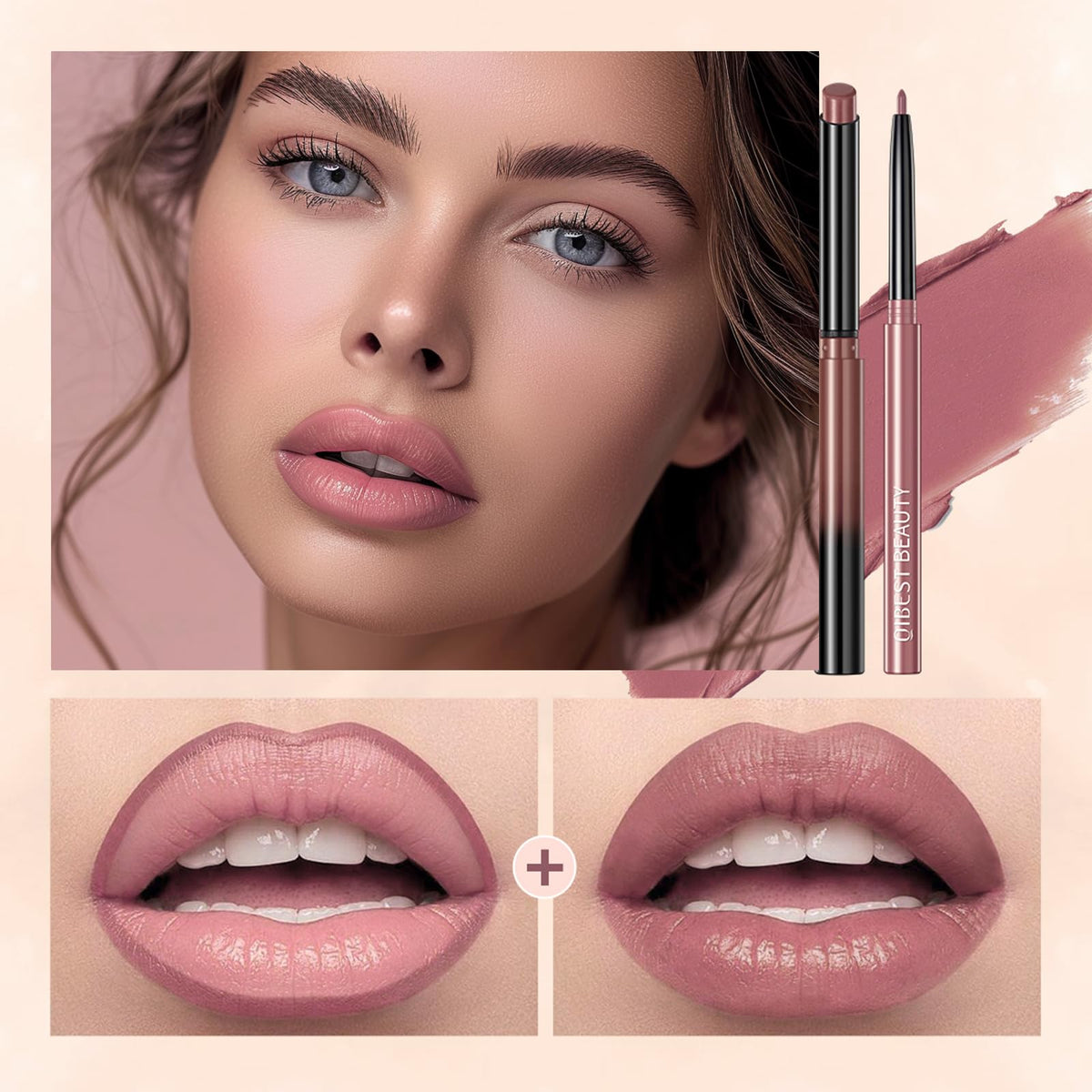 QiBest Lipstick and Lip Liner set displayed together