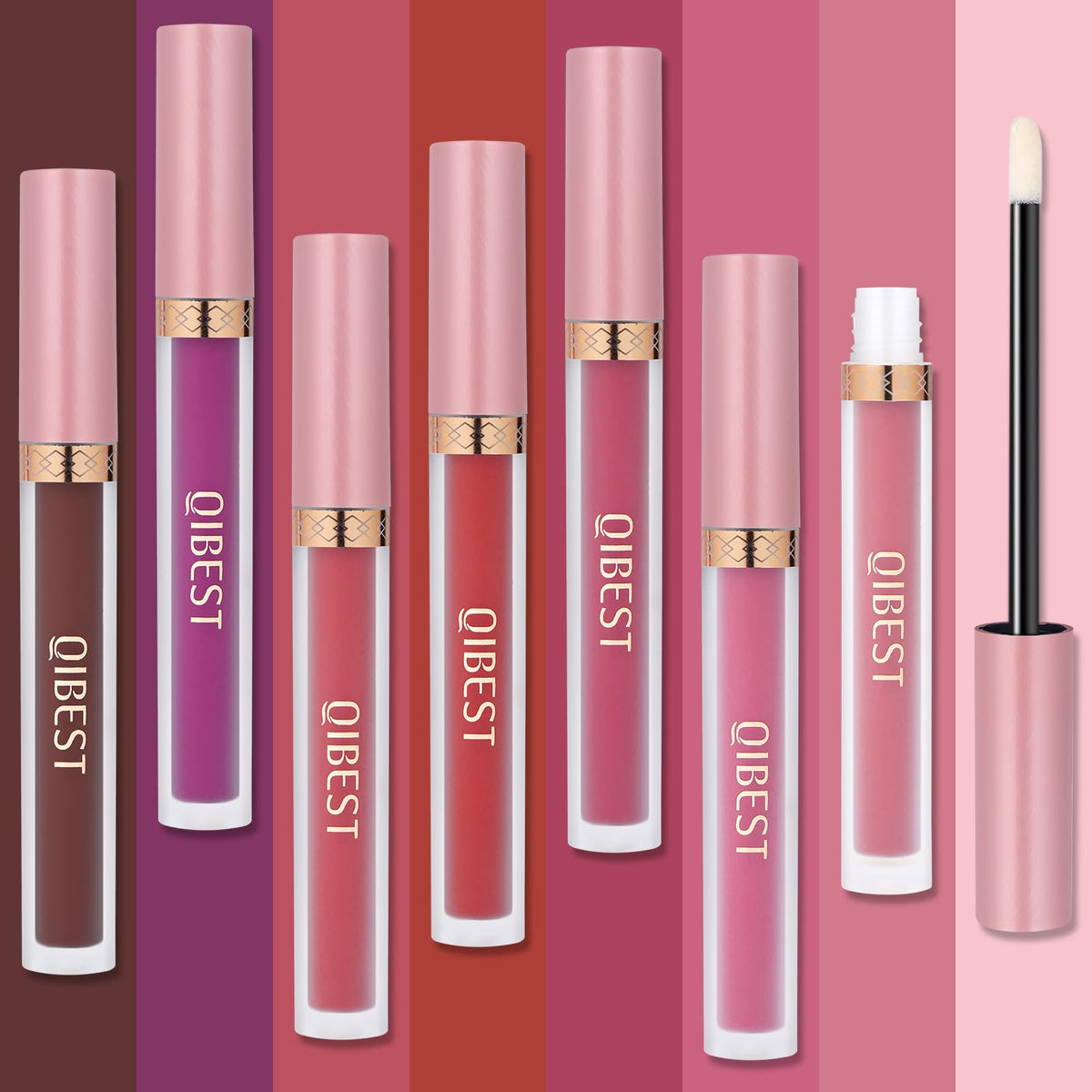 QiBest lipstick set displayed on a vanity