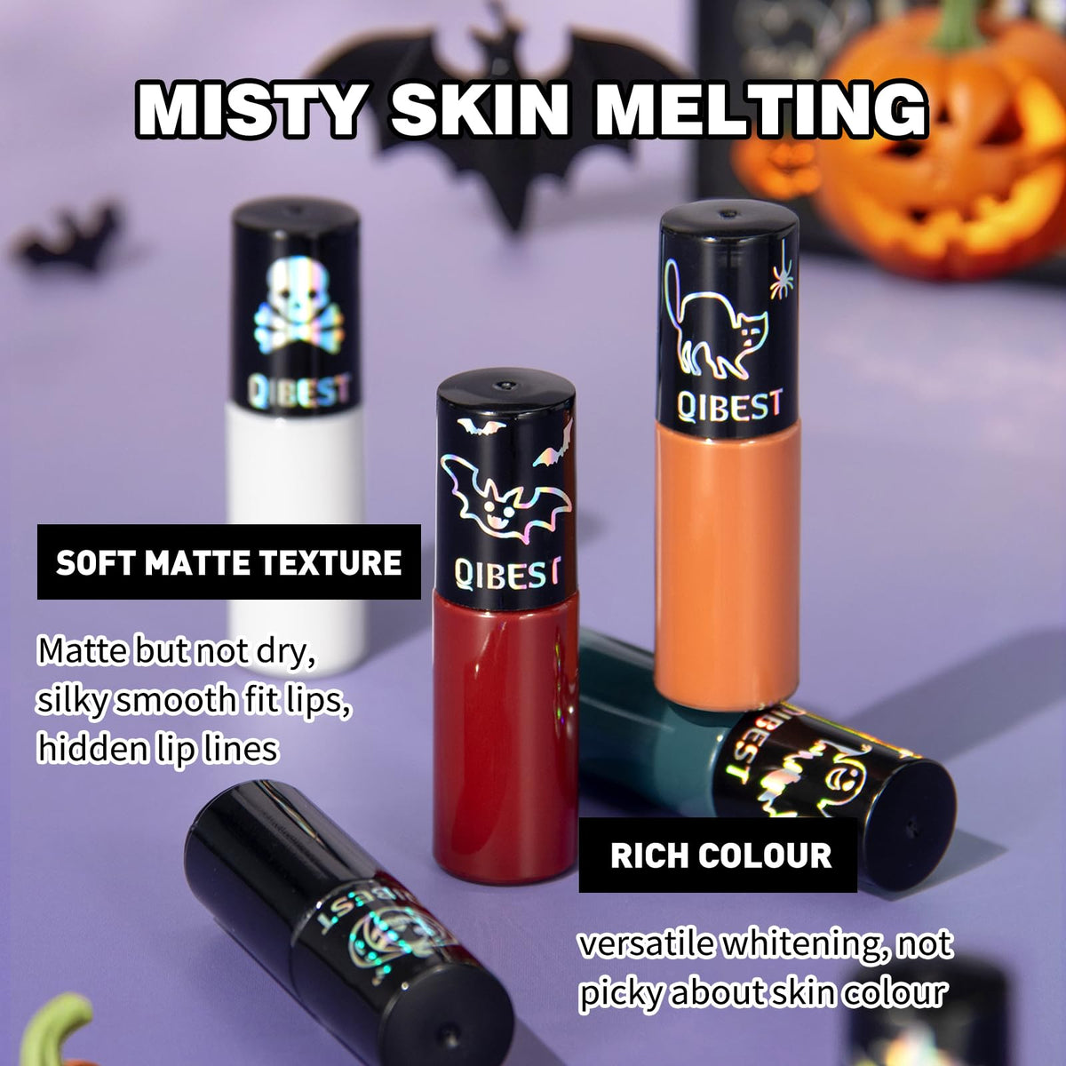 QiBest lipstick set displayed with Halloween makeup accessories